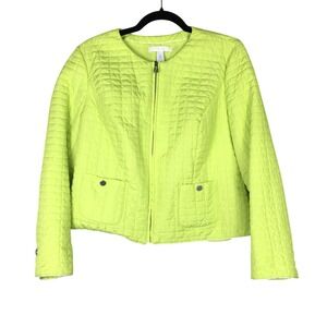 Chico's Quilted Jacket Womens 2 Large Neon Lime Green Excellent Full Zip Pocket